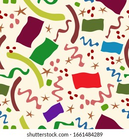 seamless pattern with colorful shapes such as zigzags, squares, wavy shapes