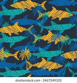 Seamless pattern with colorful sharks on a blue background. The sea prater with cartoon and abstract sharks. For boys and girls, textiles, fabrics, wrapping paper, web, clothes