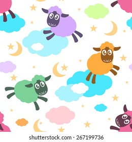 Seamless pattern with colorful sheep on the clouds