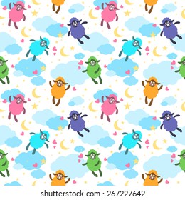 Seamless pattern with colorful sheep on the clouds