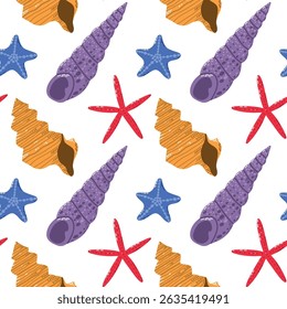 Seamless Pattern with Colorful Shells and Starfish on White Background. Vibrant seamless pattern featuring colorful shells and starfish arranged on a white background, creating a lively, marine