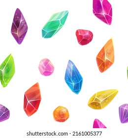 Seamless pattern with colorful shiny crystals on white background. Vector endless tile template for design and printing.