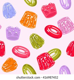Seamless pattern with colorful shiny jelly. Gelatin desserts background.