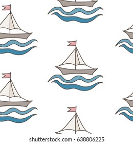 Seamless pattern with colorful ship with flag and wave. Can be used for printing on fabric, for wrapping paper and for the background of the site.