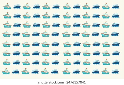 Seamless pattern with colorful Ship, Vessel, Boat Cute children background. Vector pastel. Colorful Illustration. Doodle Style. Set of cartoon transportation.