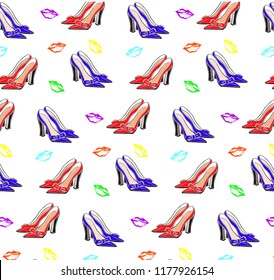 seamless pattern of colorful shoes lips. Vector. As print for clothes, bags, towel, wrapping.