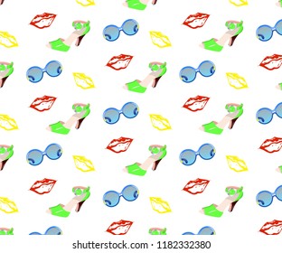 seamless pattern of colorful shoes, lips and glasses. Vector. As print for clothes, bags, towel wrapping