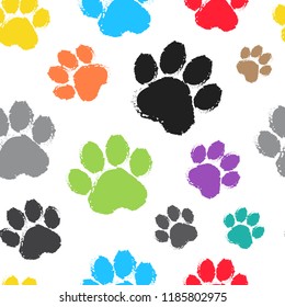 Seamless pattern with colorful silhouette animal paw track on white background. Vector illustration