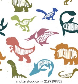 Seamless pattern with colorful silhouettes of dinosaurs with lettering. vector illustration.