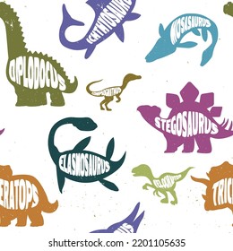 Seamless pattern with colorful silhouettes of dinosaurs with lettering. vector illustration.