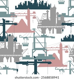 Seamless pattern with colorful silhouettes of heavy lifting port and construction cranes, loaders and oil platforms on white. Trade, business, import, export, industrial and logistics concept. 