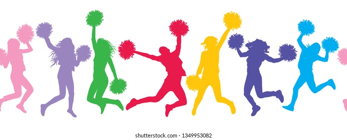 Seamless pattern of colorful silhouettes of jumping girls with poms (cheerleaders). Vector illustration