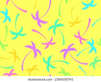 Seamless pattern with colorful silhouettes of palm trees. Tropical palms of different colors on a yellow background. Design for printing t-shirts, banners and promotional items. Vector illustration