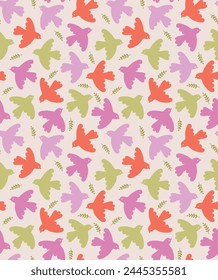 Patrón sin fisuras con pájaros y plantas simples de colores. Vector de fondo en estilo plano