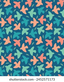 Seamless pattern with colorful simple birds and plants. Vector backdrop in flat style
