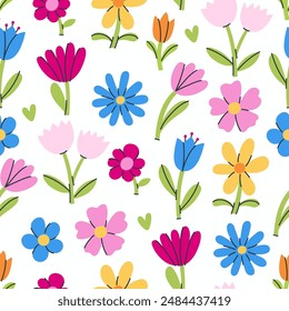 Patrón sin costuras con flores simples de colores de diferentes Formas sobre un fondo blanco. Vector gráfico.