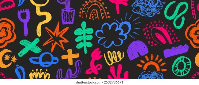Seamless pattern with colorful simple organic elements, hand drawn charcoal . Doodle  signs and shapes. Simple thunderbolt, star, glitter, icons,  moon, cactus, sun,  floral objects. 