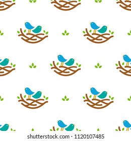 Seamless pattern with colorful singing birds in nest in minimalistic style on white background