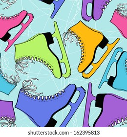 Seamless pattern of colorful skates on a ice rink background