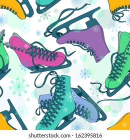 Seamless pattern of colorful skates on a snowflake patterned background