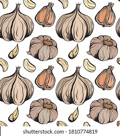 Seamless pattern colorful sketch garlic illustration. Antibacterial product for health. Useful seasoning for cooking. Natural spice. Vector color texture for wallpaper, packing and your design