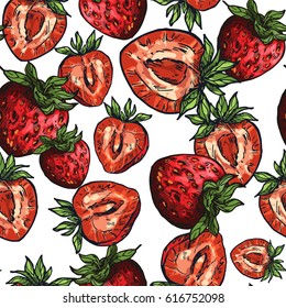 Seamless pattern with colorful sketch illustrations of strawberries, summer mood, vector pattern