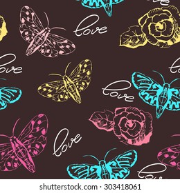 Seamless pattern with colorful sketches of butterflies, flowers and the word love on a brown background