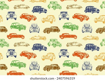 Patrón inmaculado con bocetos coloridos de coches antiguos. Ilustración vectorial del vehículo antiguo retro. Fondo de transporte. Papel de escritorio, papel envolvente o plantilla de diseño de tela