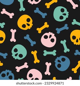 Seamless pattern with colorful skull and bones