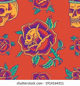 Calavera colorida con adorno floral y estampado floral sin fisuras