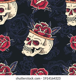 Seamless Pattern of Colorful skull with floral ornament and flowers