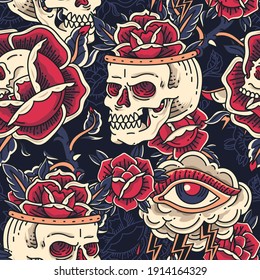 Seamless pattern of Colorful skull with floral ornament, Crying Eye Cloud and flowers. Background Wallpaper. Seamless pattern. Vector Illustration