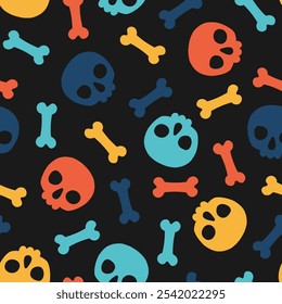 Seamless pattern with colorful skulls and black background