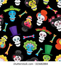 Seamless pattern with colorful skulls and bones for day of the dead or halloween. Sugar skulls for mexican day of the dead. Cute skulls and flowers in a cartoon style.