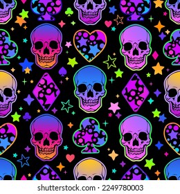 Seamless pattern of colorful skulls and card suits