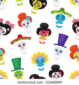 Seamless pattern with colorful skulls for day of the dead or halloween. Sugar skulls for mexican day of the dead. Cute skulls and flowers in a cartoon style.