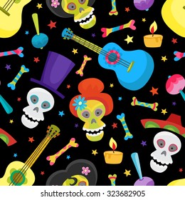 Seamless pattern with colorful skulls for day of the dead or halloween. Sugar skulls for mexican day of the dead. Cute skulls and flowers in a cartoon style.