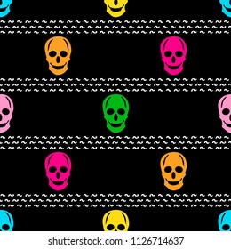 Seamless pattern with colorful skulls on the black background. Vector illustration