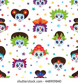 Seamless pattern with colorful skulls and stars for day of the dead or halloween. Sugar skulls for mexican day of the dead isolated on white. Cute skulls in a cartoon style.