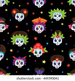 Seamless pattern with colorful skulls and stars for day of the dead or halloween. Sugar skulls for mexican day of the dead isolated on black. Cute skulls in a cartoon style.