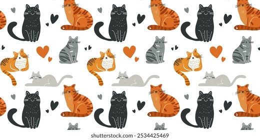 Seamless pattern with colorful sleeping cats curled up, drawn in a playful cartoon style, vector illustration for children's projects and decor