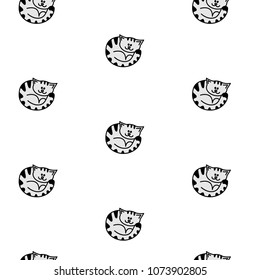 Seamless pattern with colorful small cute cats. Gray cat with black strips