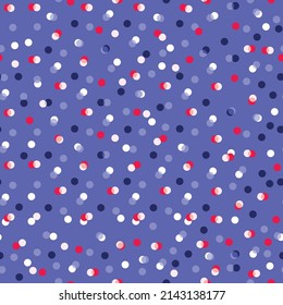 Seamless pattern with colorful small dots on a trendy purple background. Red, white, light and dark purple.