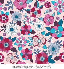 Seamless pattern with colorful small hand draw flowers. Floral background. Vintage print. Vector illustration