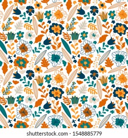 Seamless pattern with colorful small pretty flowers, leaves and floral elements. Floral colorful design for baby products, fabric, wallpaper, toys and more