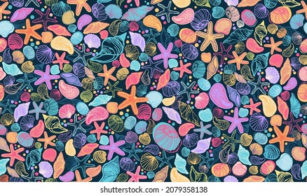 Seamless pattern with colorful small seashells and starfish on dark background