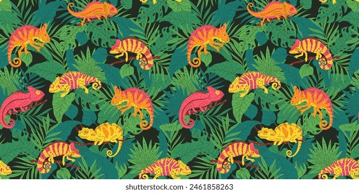 Seamless pattern with colorful small spotted chameleon on branch with tropical leaves. Exotic guana from the wild jungle. Cartoon predator lizard animal flat vector illustration. Nature design