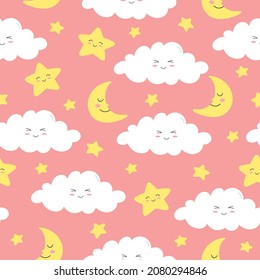 Seamless pattern of colorful smiling clouds, moon and stars on pink background. Cartoon character in flat style. Vector illustration