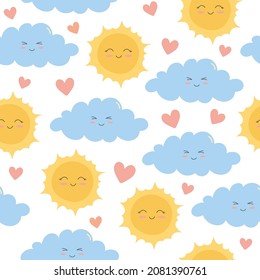 Seamless pattern of colorful smiling clouds, sun and hearts on white background. Cartoon character in flat style. Vector illustration