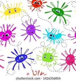 Seamless pattern with colorful smiling creatures. Hand drawn illustration of different abstract funny objects isolated on white.